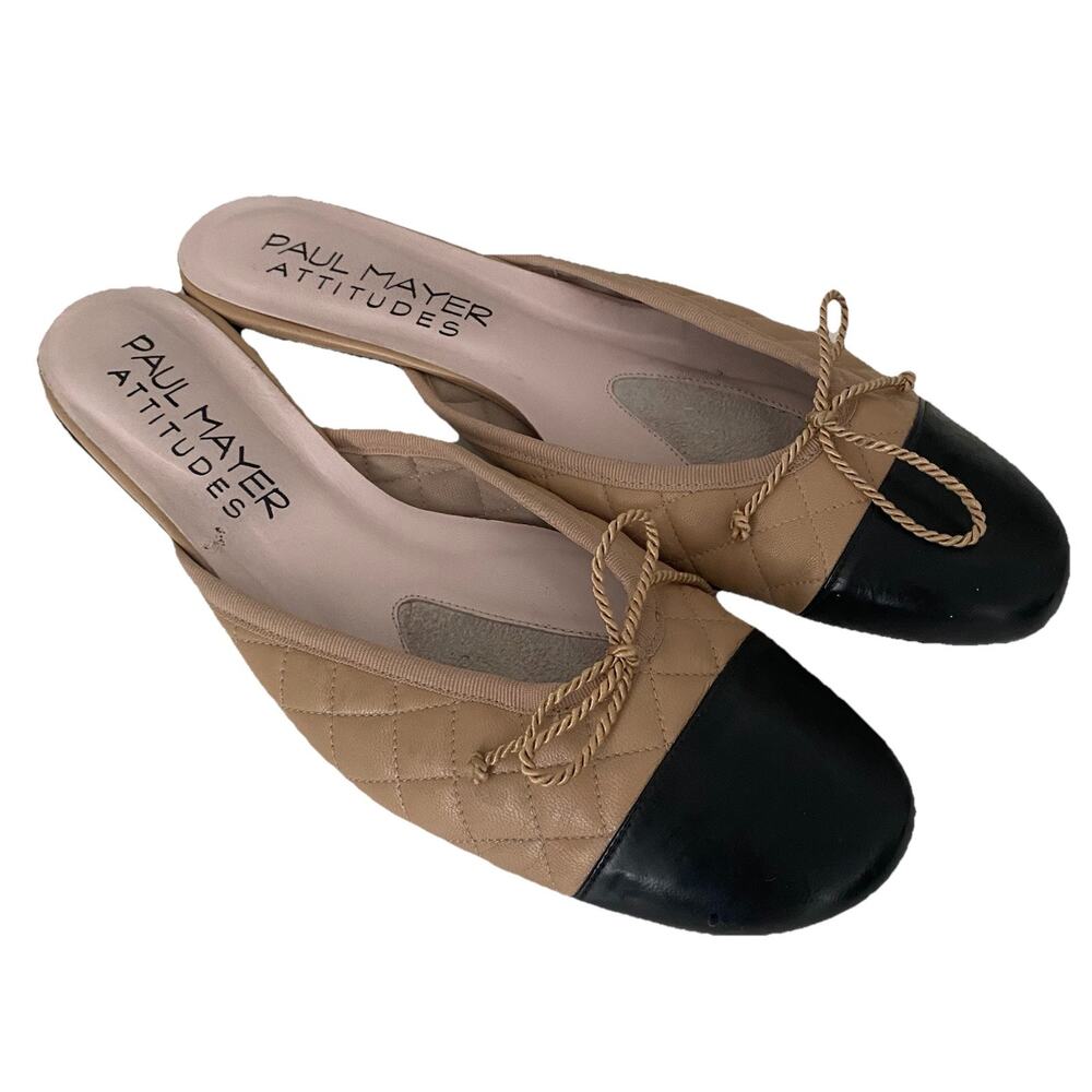 Paul Mayer Attitudes Quilted Mule Flat Slip On Nude Beige Black Cap Toe Round 11